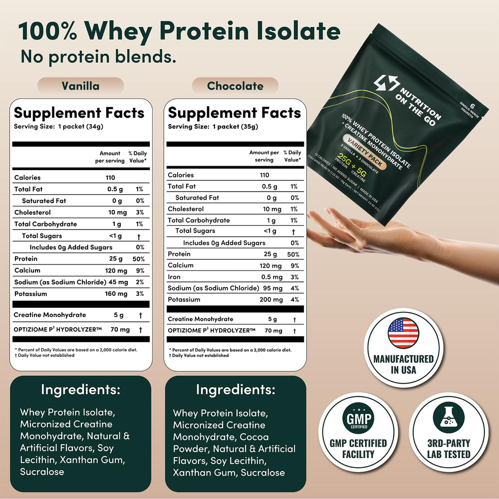 Nutrition On The Go Vanilla and Chocolate variety pack packets ready to mix.