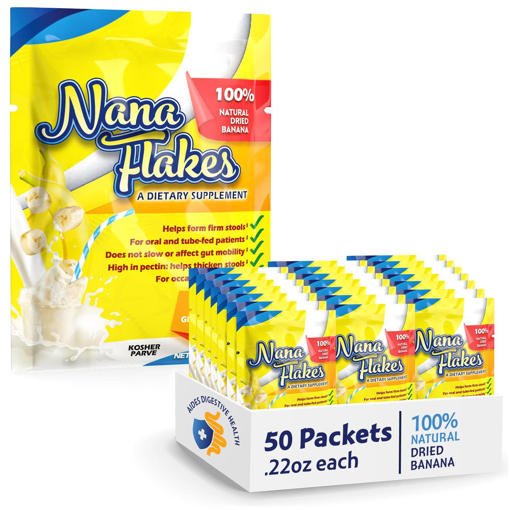Nutritional Designs Nana Flakes anti-diarrheal powder bottle for on-the-go digestive support.
