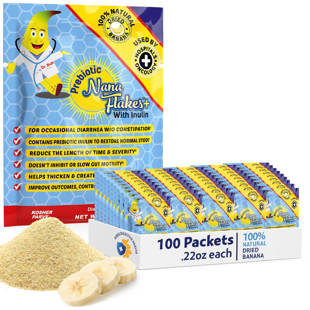 Nutritional Designs Nana Flakes bottle with banana flakes ready to mix for digestive comfort.