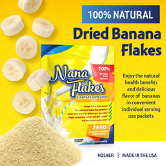 Nutritional Designs Nana Flakes IBS relief banana powder single-serve pack ready to mix with beverages.