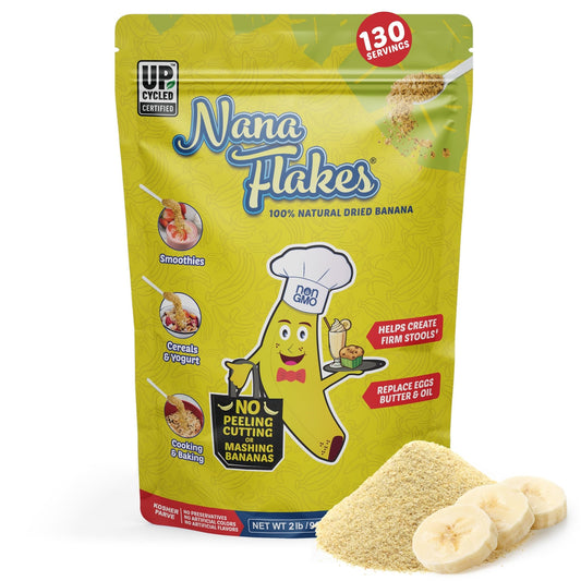 ND Labs Nana Flakes banana powder in resealable bag for easy pantry storage.
