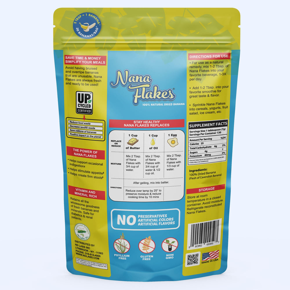 ND Labs Nana Flakes banana powder stays fresh in pantry storage.