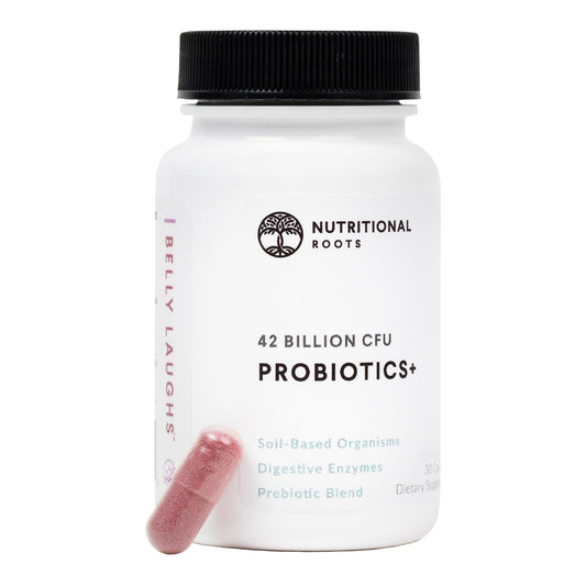 Nutritional Roots delayed-release bottle for targeted probiotic delivery.
