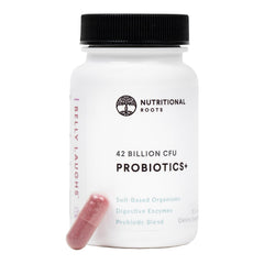 Nutritional Roots delayed-release bottle for targeted probiotic delivery.