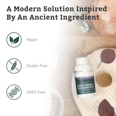 Nutritional Roots key ingredients display featuring Lion’s Mane and Trans-Resveratrol.