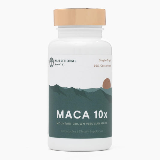Nutritional Roots Maca root capsules bottle for daily energy and mood support.