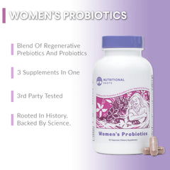 Nutritional Roots Women's Probiotics bottle promotes gut health with organic prebiotics.