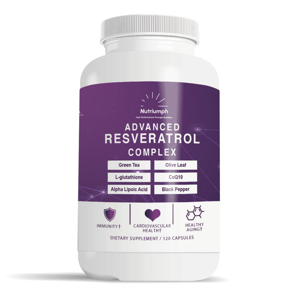 Nutriumph Advanced Resveratrol Complex bottle label with antioxidant-rich formula for daily wellness.