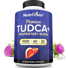 Nutrivein TUDCA+ bottle closeup showing 1000 mg formula for liver support