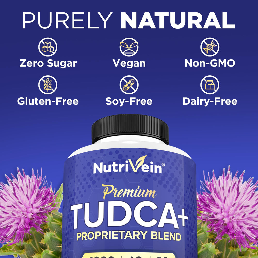Nutrivein TUDCA+ packaging front emphasizing vegan USA-made promise