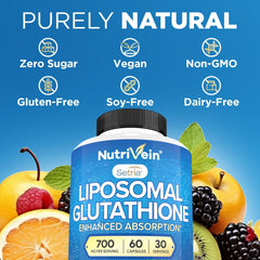 Nutrivein vegan glutathione capsules arranged to convey plant-based supplement option