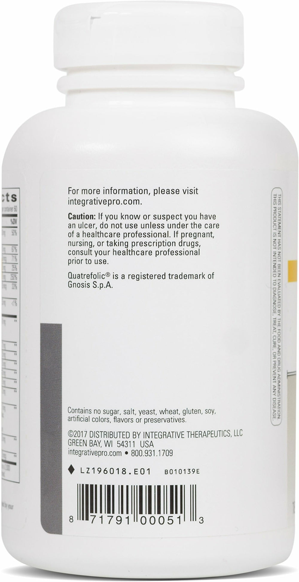 NutriVitamin Enzyme Complex label close-up, dairy-free and iron-free formula highlighted