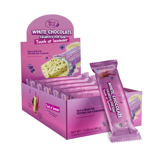 Nutriwell white chocolate amaranth bar close-up showing crunchy texture for a satisfying snack