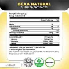 Nutrology BCAA Natural label close-up, vegan plant-based amino acids for energy and recovery.