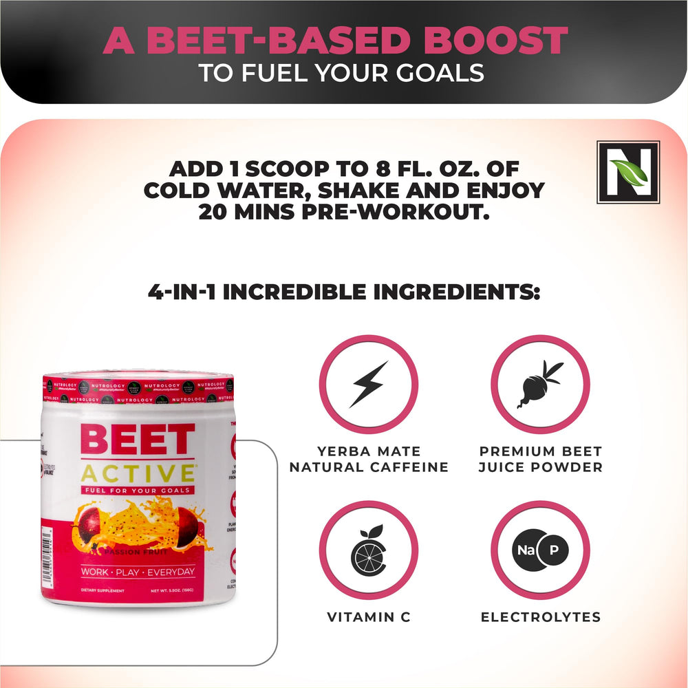 Nutrology Beet Active Passion Fruit drink served over ice for a lively workout boost