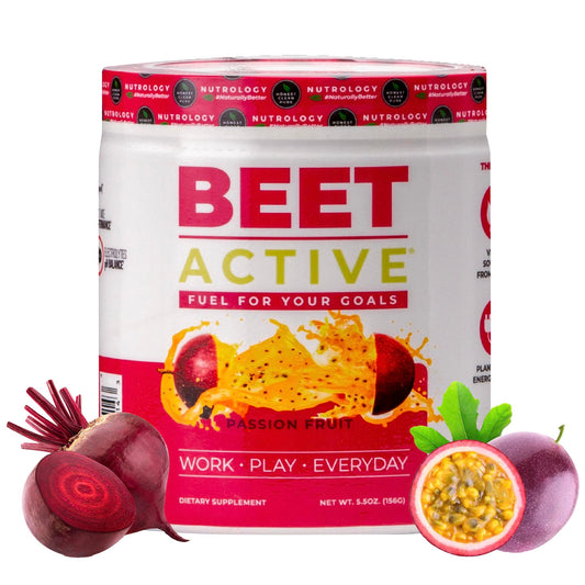 Nutrology Beet Active pre-workout powder tub front for natural energy and endurance