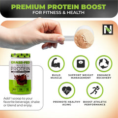 Nutrology creamy chocolate whey canister indicating 28 servings per container.