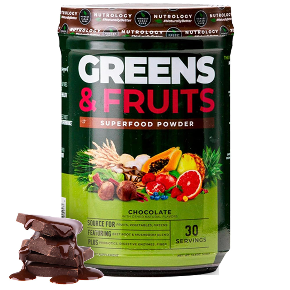 Nutrology Greens & Fruits Powder bottle for convenient daily nutrition.