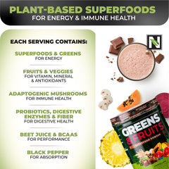 Nutrology Greens & Fruits Powder glass for a ready-to-drink healthy shake.