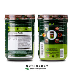 Nutrology Greens & Fruits Powder in shake shows smooth chocolate blend.