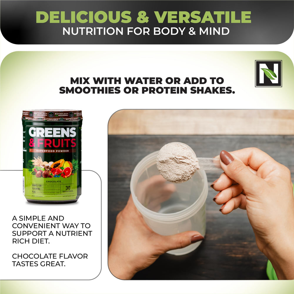 Nutrology Greens & Fruits Powder over oats adds nutrient-rich breakfast boost.