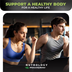 Nutrology Greens & Fruits Powder prepared drink with bright fruit toppings.