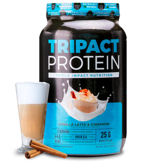 Nutrology Tripact protein powder tub front view for daily muscle recovery.
