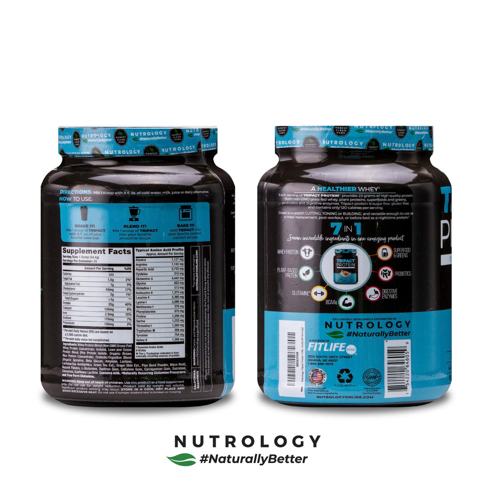 Nutrology TripAct probiotics and enzymes label highlights gut support.