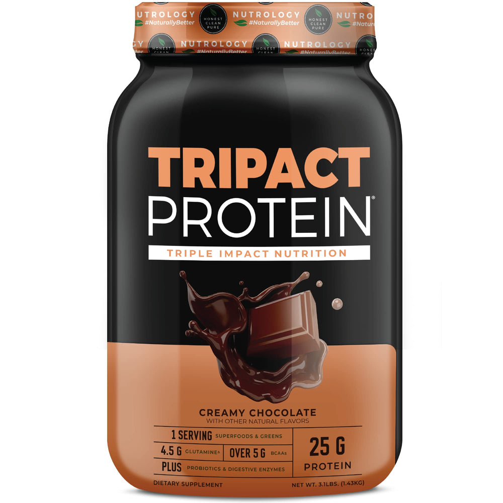 Nutrology Tripact protein powder container supports muscle recovery.