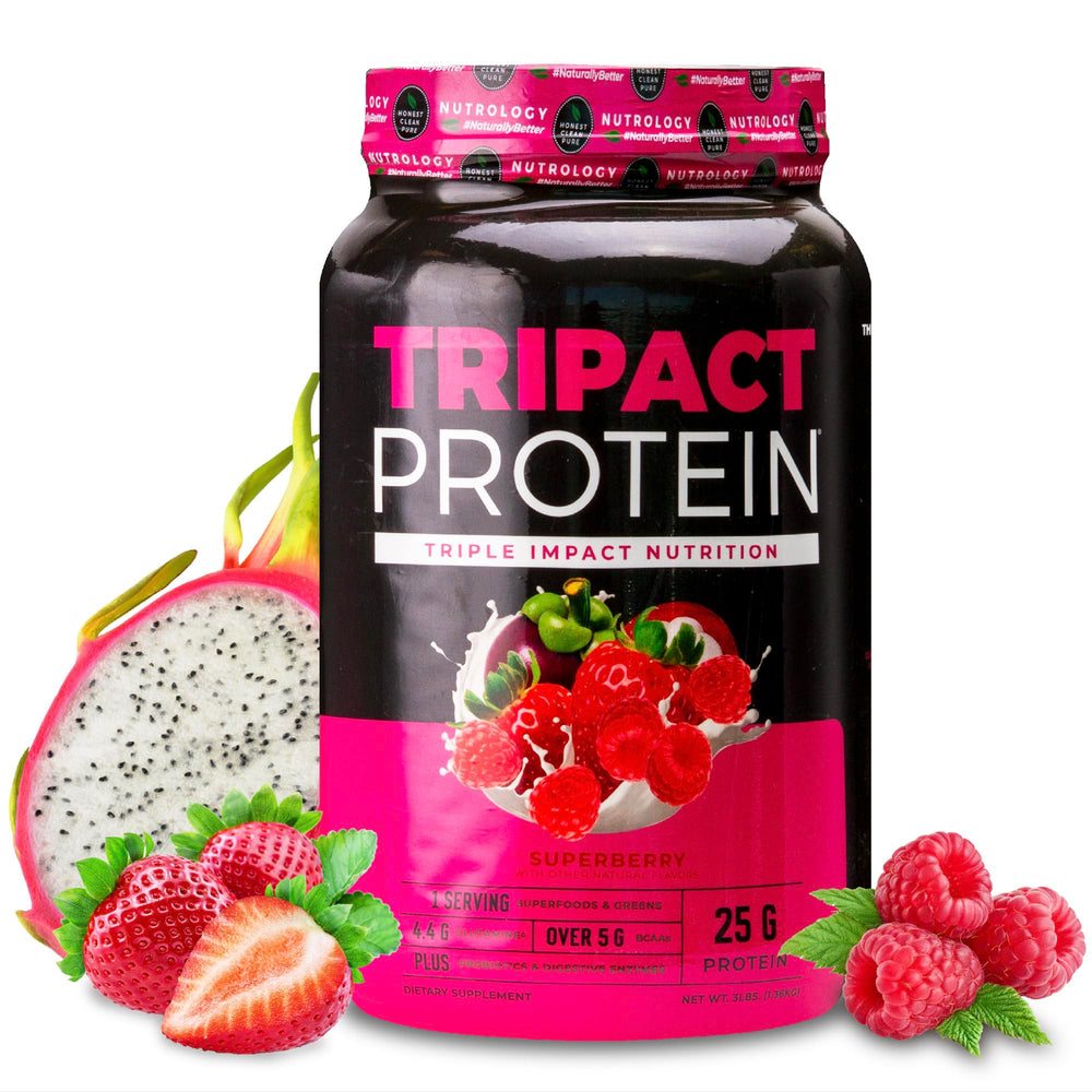 Nutrology TRIPACT protein powder tub front view highlighting muscle support