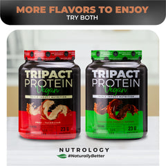 Nutrology Tripact vegan protein closeup highlights rich chocolate peanut butter flavor.
