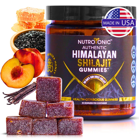 NutroTonic Shilajit gummies in a peach-vanilla jar for daily wellness.