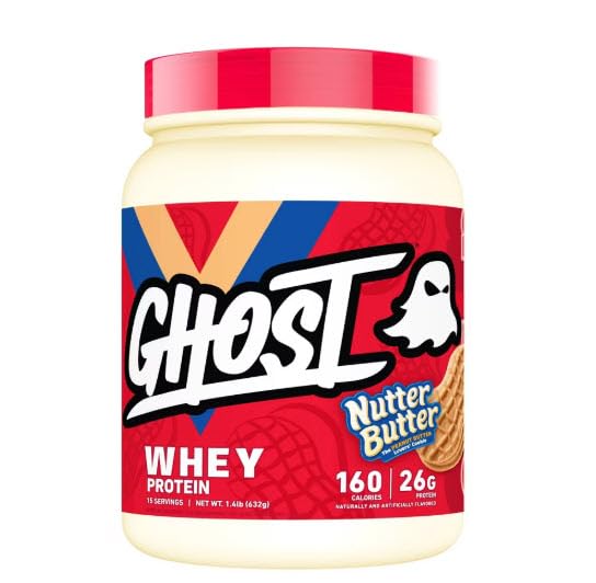 Nutter Butter Ghost Whey Protein with cookie pieces for a flavorful post-workout shake