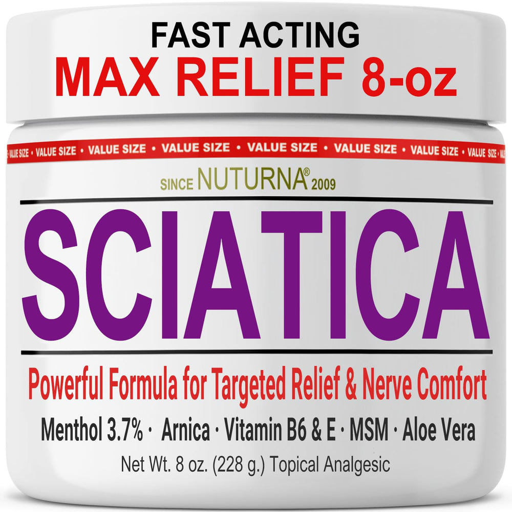 Nuturna Sciatica Nerve Cream bottle front with 8 oz size for easy daily use