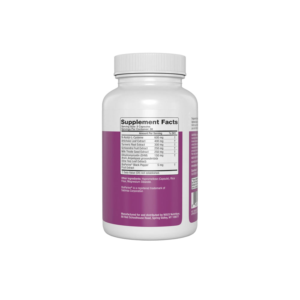 NUU3 Liver Health 365 ingredients label shows herbal blend supporting liver function.