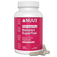 NUU3 Nature’s Superfuel bottle and capsules on a counter, suggesting convenient daily support.