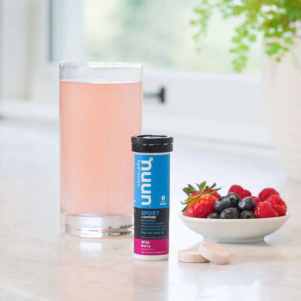 Nuun Bev Tube Energy Wild Berry nutrition label close-up emphasizing electrolyte balance.