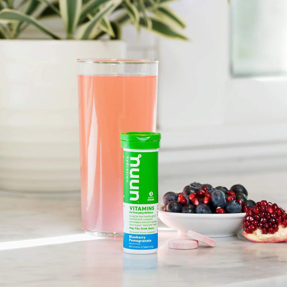 Nuun Blueberry Pomegranate ingredients panel highlights vegan, non-GMO hydration options.