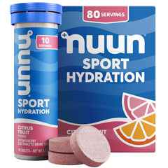 Nuun Citrus Fruit tablet dissolving in water for refreshing hydration.