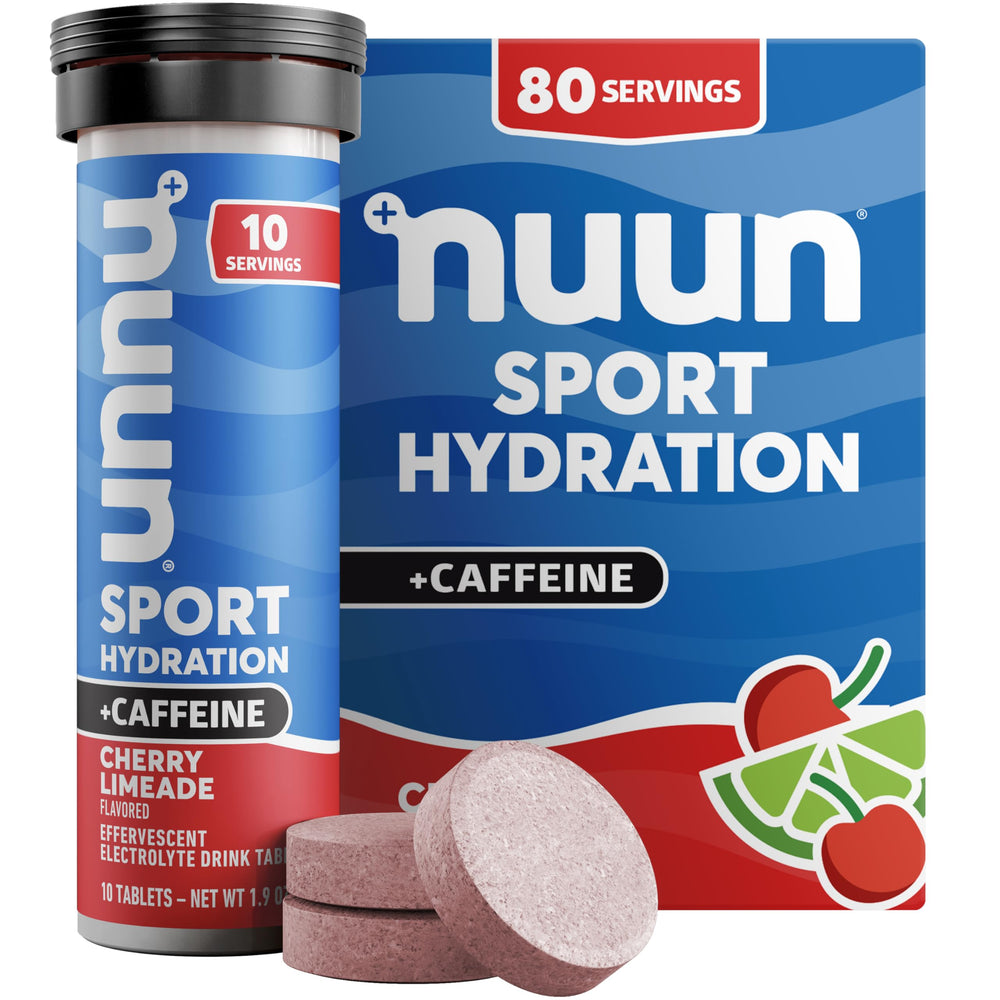 Nuun Energy Cherry Lemonade electrolyte tabs in tubes for on-the-go hydration.