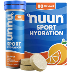 Nuun Sport Orange tablets dissolve in water for quick hydration during workouts.