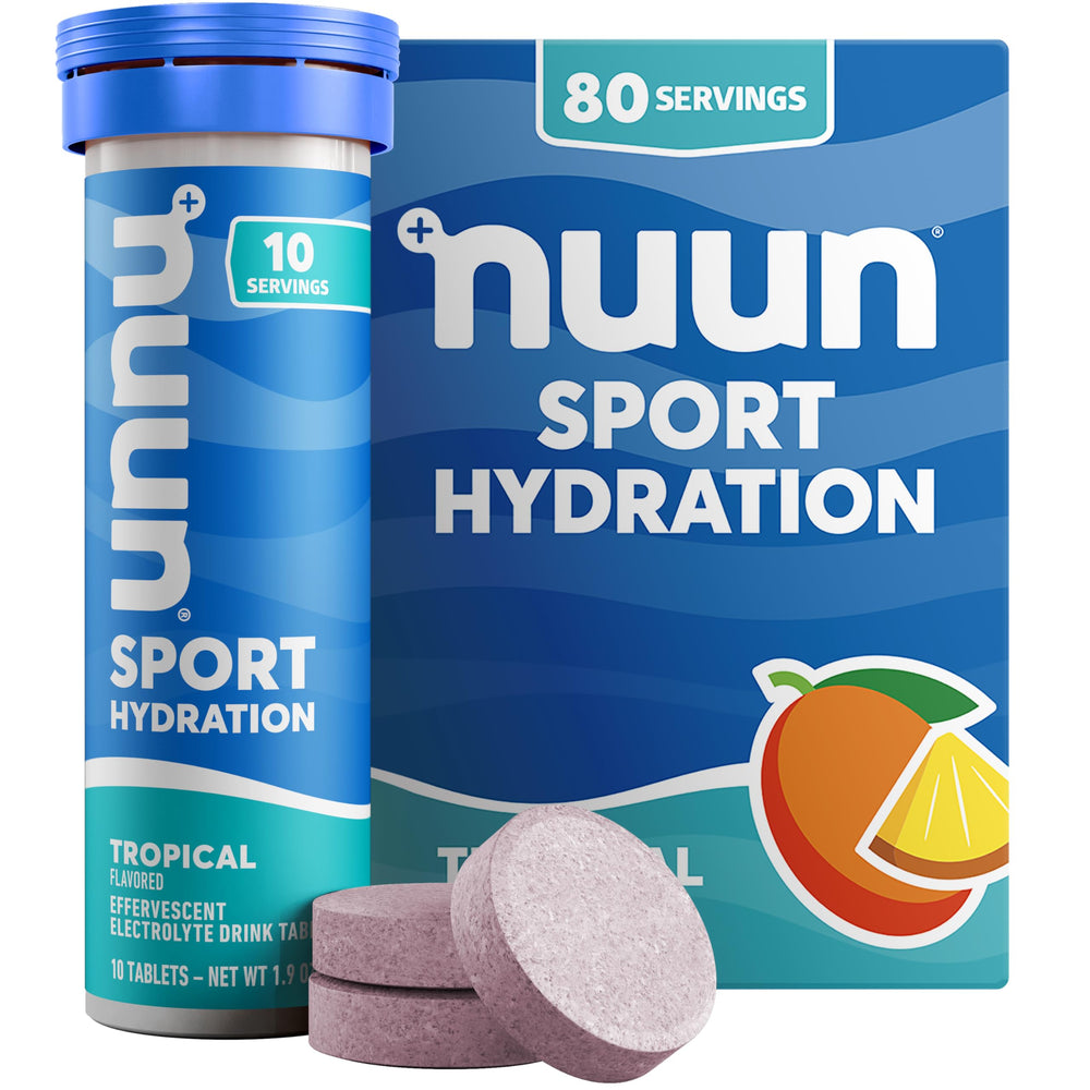 Nuun Sport Tropical tablet dissolving in water for refreshing hydration on the go.