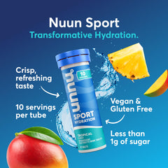 Nuun Sport tube packaging highlighting gluten-free, vegan electrolyte tabs.