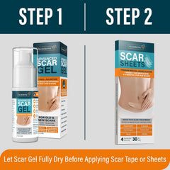 NUVADERMIS scar gel bottle shows nourishing formula for elasticity and smoothness of scar tissue
