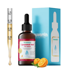 Nuvamin liquid iron drops orange bottle pour for easy daily iron intake.