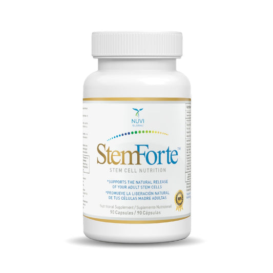 NuVi Global Stemforte bottle cap close-up showing easy daily intake for wellness