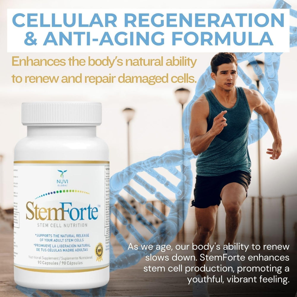 NuVi Global StemForte green tea leaf visuals signaling natural ingredients