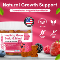 NUVIBOOST Healthy Grow ingredients scene features calcium, vitamins, and amino acids.