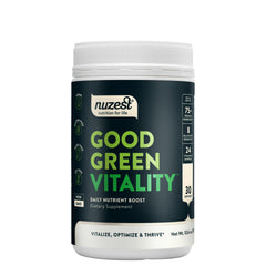 Nuzest Good Green Vitality packaging highlights premium greens for daily nutrition