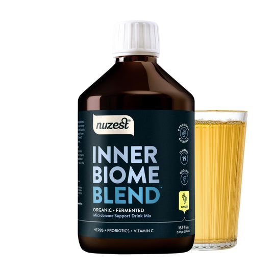 Nuzest Inner Biome Blend ginger bottle pour shows convenient daily probiotic hydration